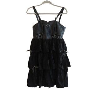 LOLITA Whimsigoth Black Tiered Ruffled Faux Leather Smocked Dress